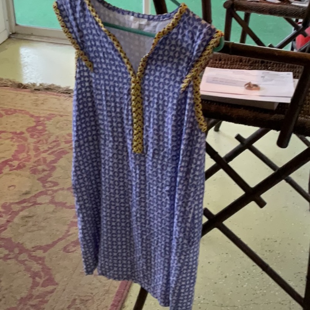 Sleeveless Blue Patterned Midi Dress with Yellow Trim